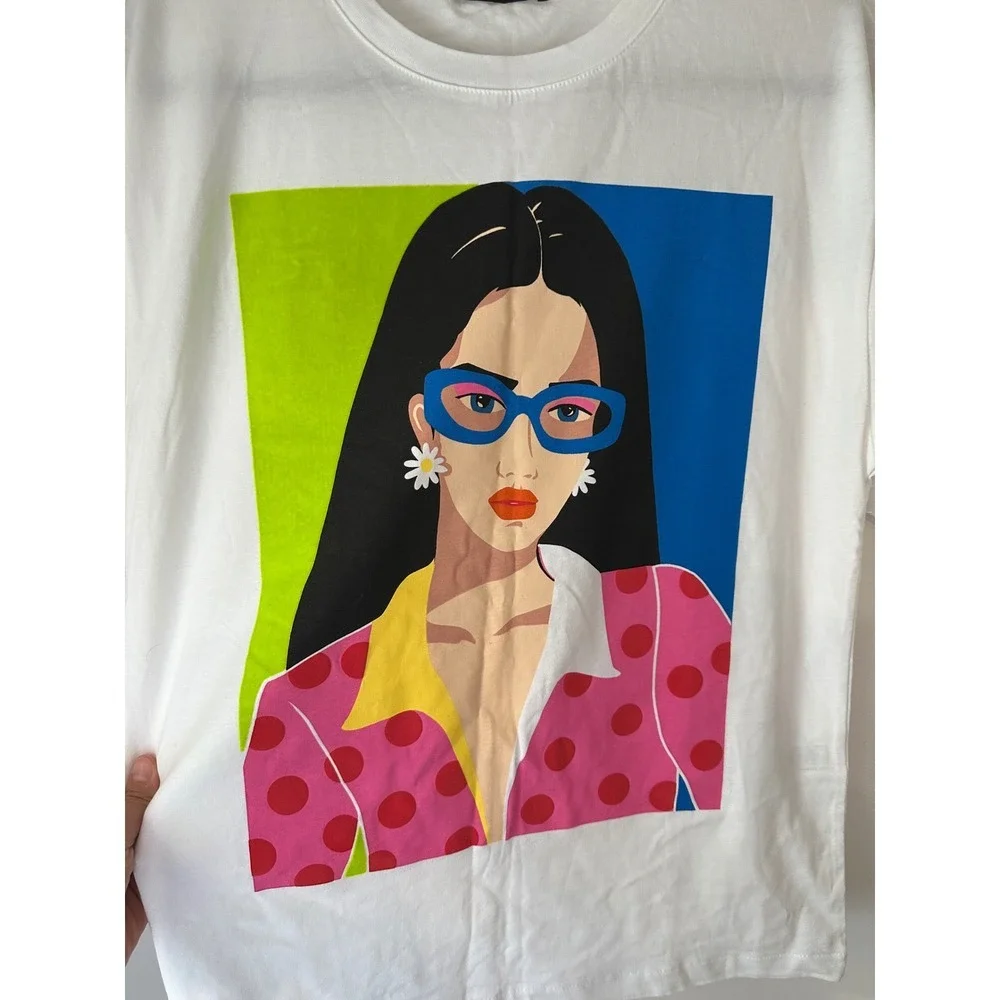 Zara Womens Pop Art Graphic T-Shirt White Crew Neck Short Sleeve Size M